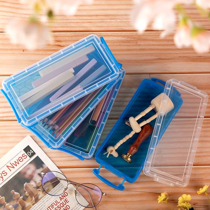 Gueevin 24 Pcs Large Capacity Plastic Pencil Box Clear Plastic Pencil Case Crayon Box with Snap Tight Lid Watercolor Pen Storage Brush Organizer Drawing Tools Container (Cute Blue) - Image 4