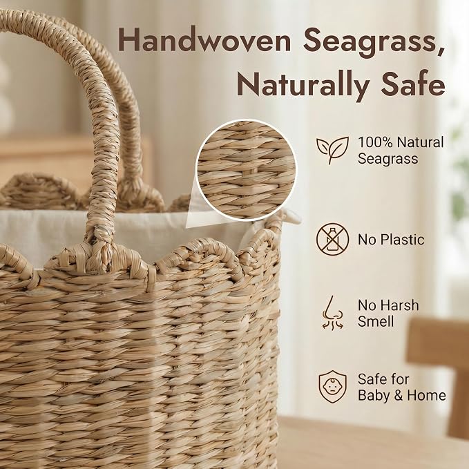 YANGQIHOME Diaper Caddy Organizer, Seagrass Nursery Baby Basket for Baby Essentials, Scalloped Wicker Diaper Caddy, Baby Shower Gifts (MeadowNest) - Image 4