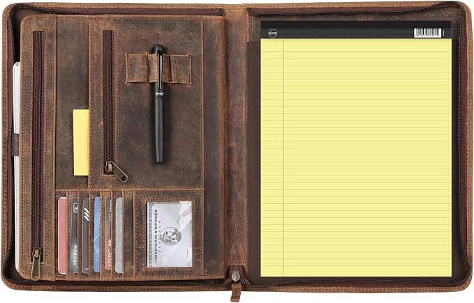 KomalC Leather Portfolio with Zipper Closure | Business Padfolio for Documents, Tablets & Accessories | Vintage Full-Grain Leather Organizer for Professionals by KomalC