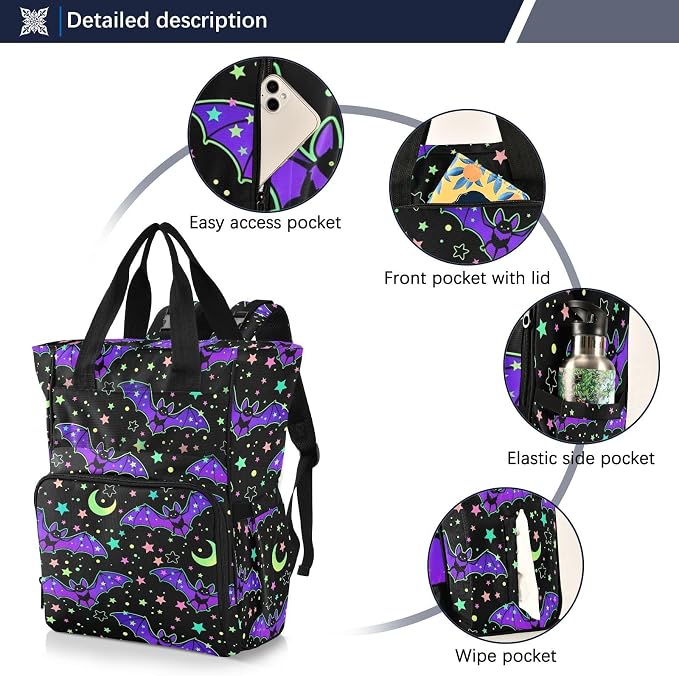 MNSRUU Diaper Bag Magic Galaxy Bat Diaper Bag Backpack Multifunction Travel Diaper Bag Tote Large Capacity Diaper Changing Backpacks for Moms Dads - Image 2