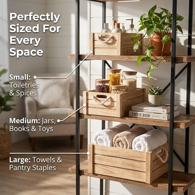 Set of 3 Natural Wood Crates with Rope Handles, Nesting Decor Storage Boxes | Rustic Farmhouse Organizer for Kitchen, Living Room, Bathroom, or Pantry. Nesting Design Keeps Shelves Tidy. - Image 6