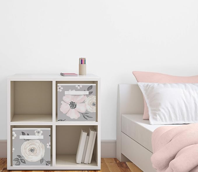 Sweet Jojo Designs Grey Watercolor Floral Foldable Fabric Storage Cube Bins Boxes Organizer Toys Kids Baby Childrens - Set of 2 - Blush Pink Gray and White Shabby Chic Rose Flower Farmhouse - Image 2
