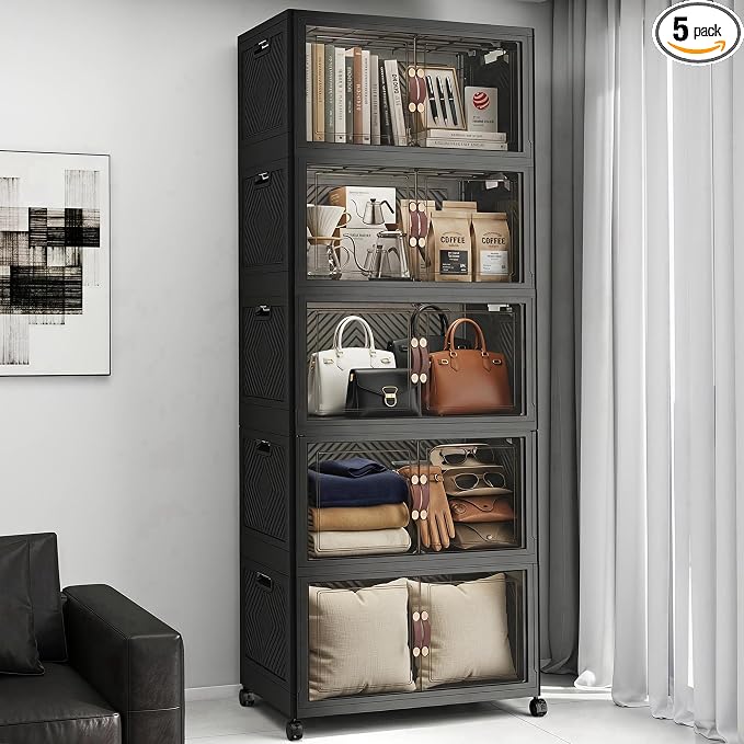 Stackable Storage Bins with Lids, 550QT Lockable Storage Cabinet | Closet Organizers, Foldable Storage Box with Doors and Wheels, Plastic Drawers for Home, Garage, Office (5, Black, Plus) by UAMFURIDirect