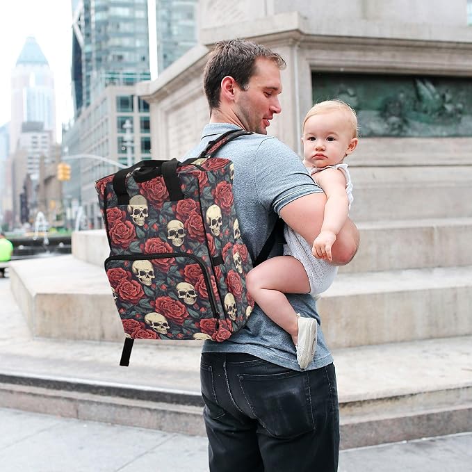 MNSRUU Diaper Bag Red Rose Skull Diaper Bag Backpack Multifunction Travel Diaper Bag Tote Large Capacity Diaper Changing Backpacks for Moms Dads - Image 7