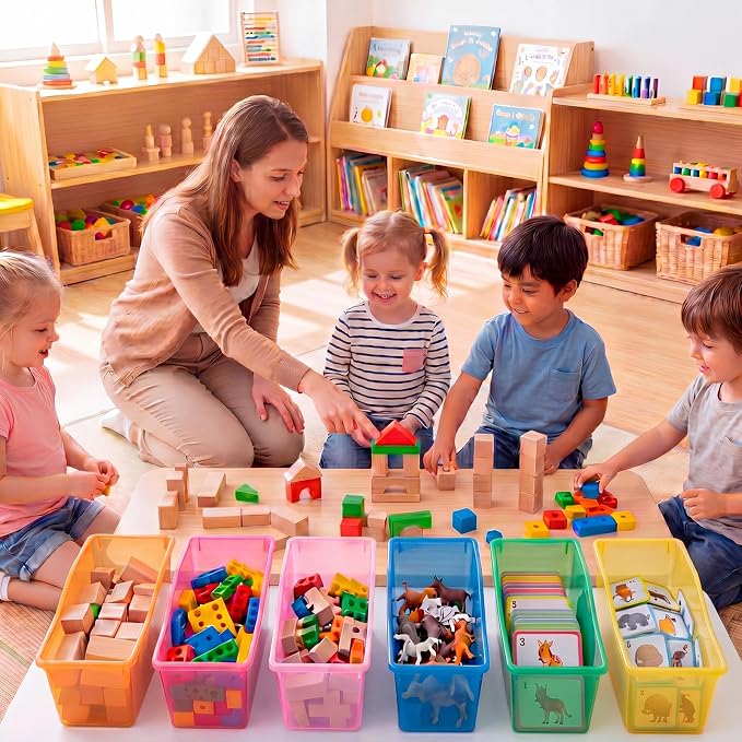 Geetery 12 Pcs Book Bin for Classroom with Labels Stackable Plastic Organizing Bins 11.5 x 5.4 x 7.5 in Book Holders Storage Bins Box Baskets for Classroom Library Home (Translucent Pastel) - Image 6