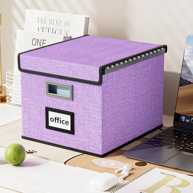 File Organizer Box with Lids, Collapsible File Folder Organizer | File Box with Plastic Slides for Document, Filing Bin for Letter Size Hanging File Folders (2 Pack, Dark Lavender) - Image 5