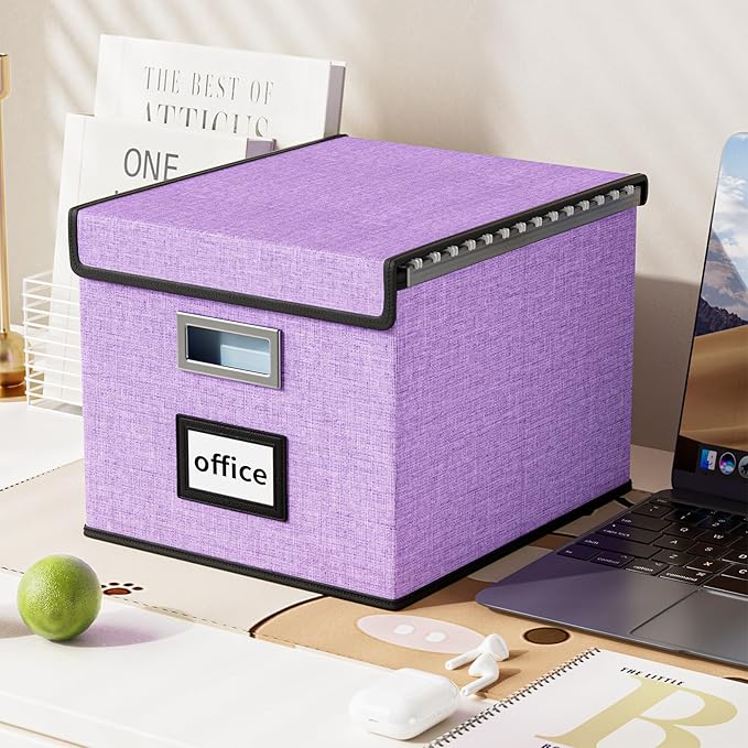 File Organizer Box with Lids, Collapsible File Folder Organizer | File Box with Plastic Slides for Document, Filing Bin for Letter Size Hanging File Folders (2 Pack, Dark Lavender) - Image 5