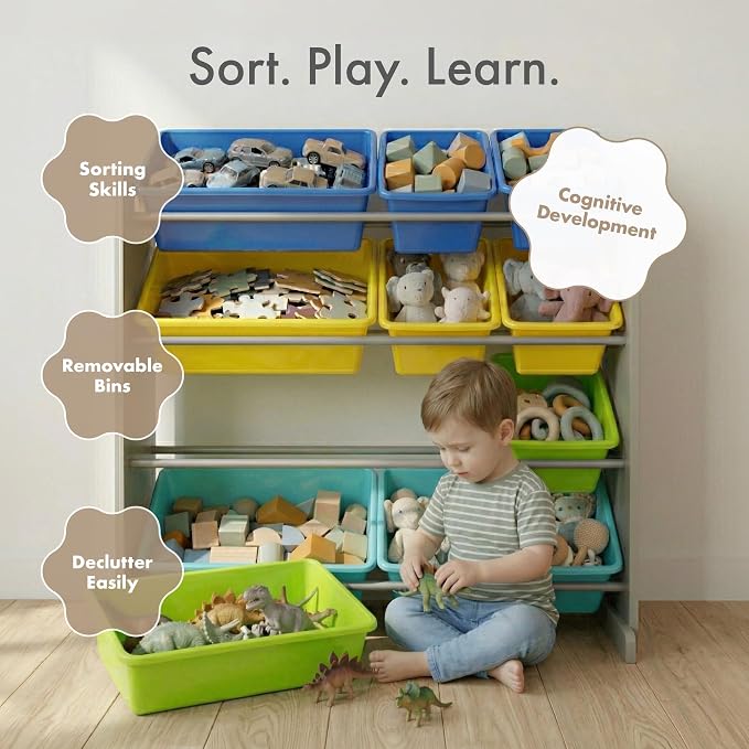 Humble Crew Kids Toy Organizer with 12 Bins, 4 Tier Storage for Playroom | Sturdy wood and steel toddler shelf, removable BPA-free containers, wall anchor anti-tip safety kit for bedroom or classroom - Image 5