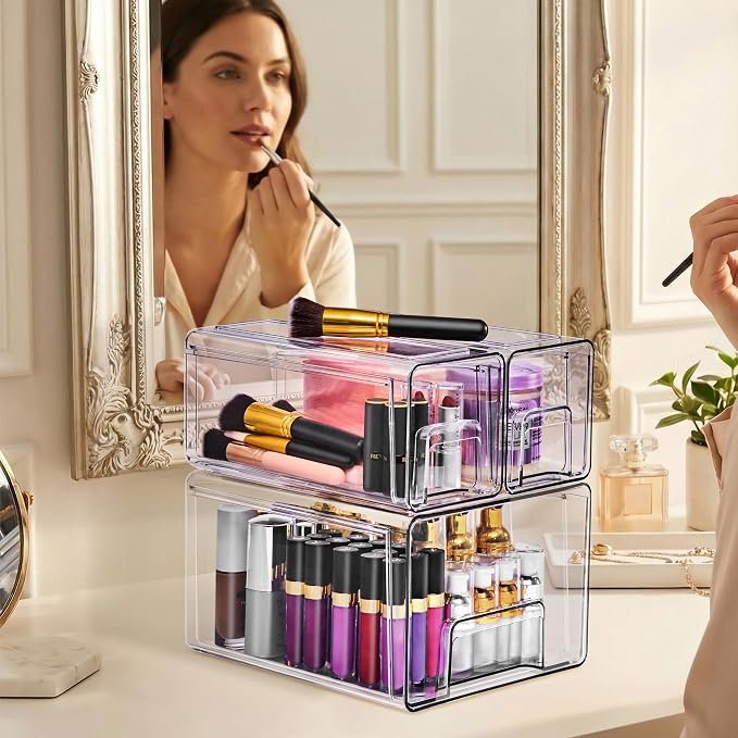 Sorbus Clear Stackable Storage Drawers (1 Large + 2 Small) | Plastic medicine-cabinet bins with handles and pull-out access for bathrooms, closets, pantries and baby bottles. - Image 2