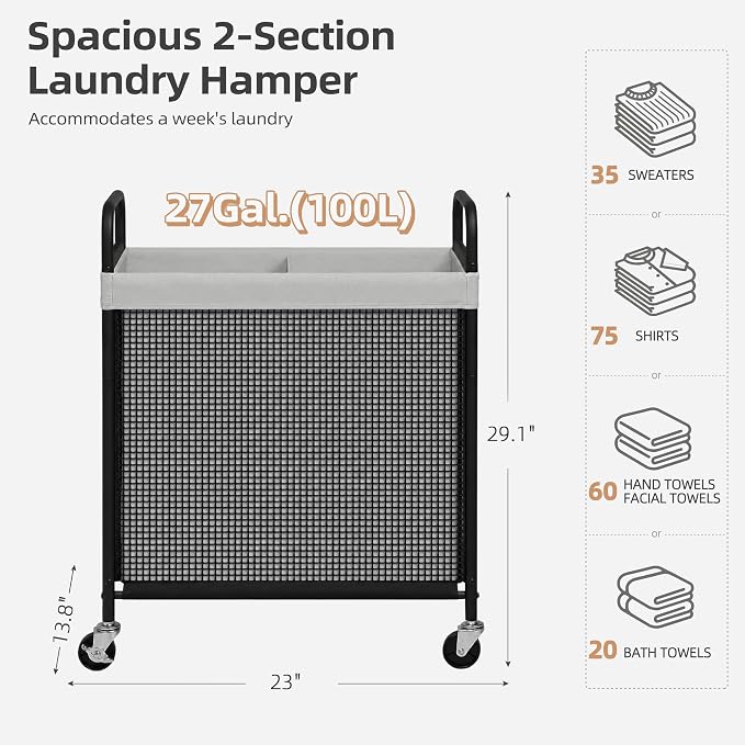 STORAGE MANIAC Rolling Laundry Hamper with Wheels 2-Section Laundry Sorter Rolling Laundrys Basket on Wheels with Removable Bag Clothes Hamper Laundrys Organizer Cart Bathroom Bedroom 100L Grey - Image 3