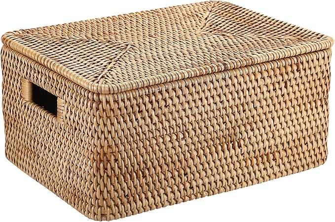 Hipiwe Rattan Basket With Lid Rectangular Lidded Basket Wicker Storage Bin | Hand-Woven Natural Basket Box for Shelf Organizing Picnic Food Bread Table Storage Basket, 15.1 x 11.2 x 7.3 Inch - Image 9