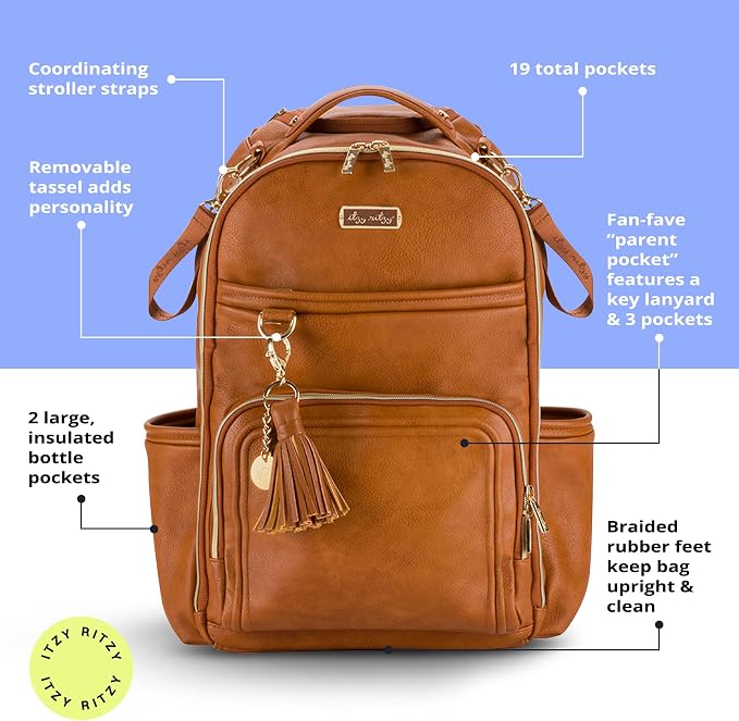 Itzy Ritzy Boss Plus Large Diaper Bag Backpack with 19 Pockets (Cognac) | Includes 2 Insulated Bottle Pockets, Changing Pad, Stroller Clips, Comfortable Padded Straps, Easy-to Clean, Travel-Ready - Image 6