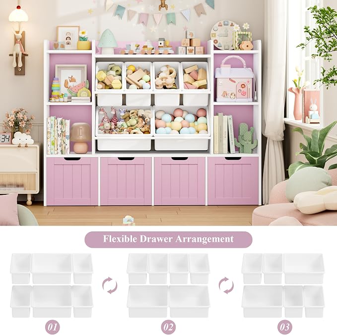 Toy Storage Organizer with Movable Drawer Toy Organizer for Kids | Large Toy Organizers and Storage with 6 Storage Cubbies, Kids Toy Storage and Toy Chest for Playroom and Kids Room, Pink - Image 3