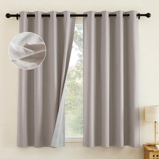 NICETOWN Natural 100% Blackout Short Curtains 63 inches Lenghth Burg for Kitchen, 2 Panels, Burlap Faux Linen Drapes with Thermal Insulated White Liner, Keeping Out Cold Air and Heat Panels