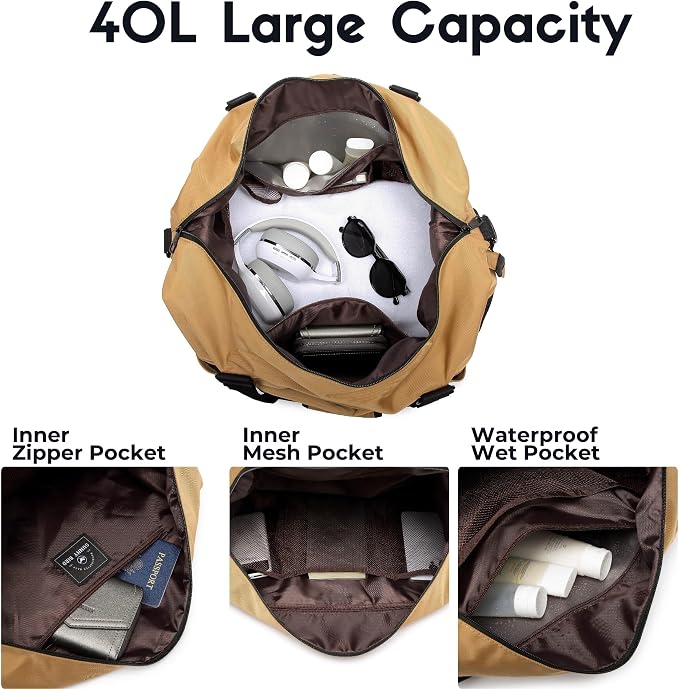Duffel with Utility Pouch, 40L Weekender Overnight Bag with Shoe Compartment for Travel and Sports (Brown and black) - Image 3