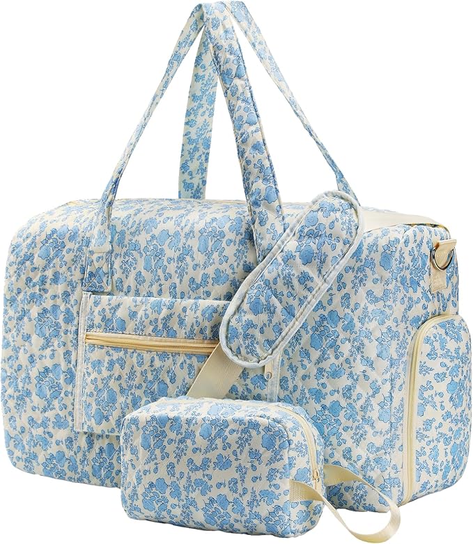 Quilted Floral Duffel Bag 2 Pack Weekender with Shoe Compartment | Women’s Overnight Hospital Bag for Labor Delivery, Travel Carry On Duffel with Toiletry Pouch for Gym & Weekend Getaway by Unknown