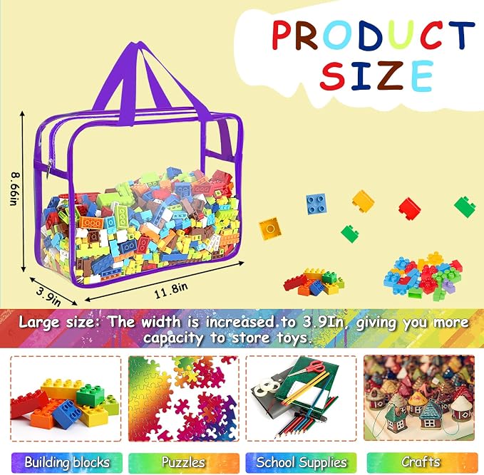 6 Packs Large Toy Storage Bags with Labels, Reusable Clear PVC Board Game Storage, Travel Waterproof Organizer Bags with Zipper for Building Blocks, Puzzle, Kids Books（6 Colors） - Image 2