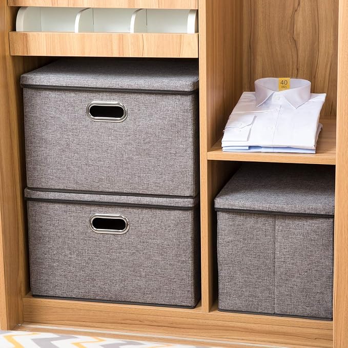 Large Collapsible Storage Containers with Lids [5-Pack] Linen Fabric Foldable Storage Bins Boxes Organizer Baskets Cube with Cover for Home Bedroom Closet Office Nursery (17.7x11.8x11.8) - Image 3