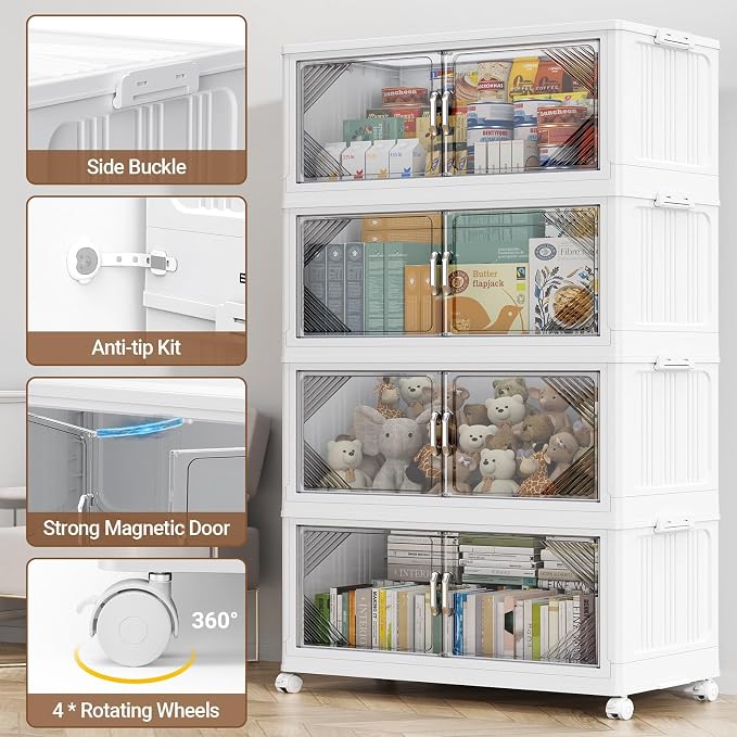 BROVIEW V60 700QT Plastic Stackable Storage Bins with Lid, 5Pack White | 175Gal Extra Large Closet Organizers Collapsible Cabinets Boxes With Drawer, Foldable Container with 4x Wheels for Home - Image 5