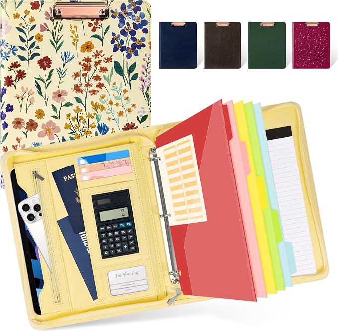 Ospelelf Leather Clipboard Binder with Storage - 3 Ring Zippered Padfolio Portfolio Folder - Calculator, 12.1” Tablet Sleeve, 5 Dividers with Pocket, Refillable Notepad, Card Slot (Floral) by OspelelfOfficeSupplies