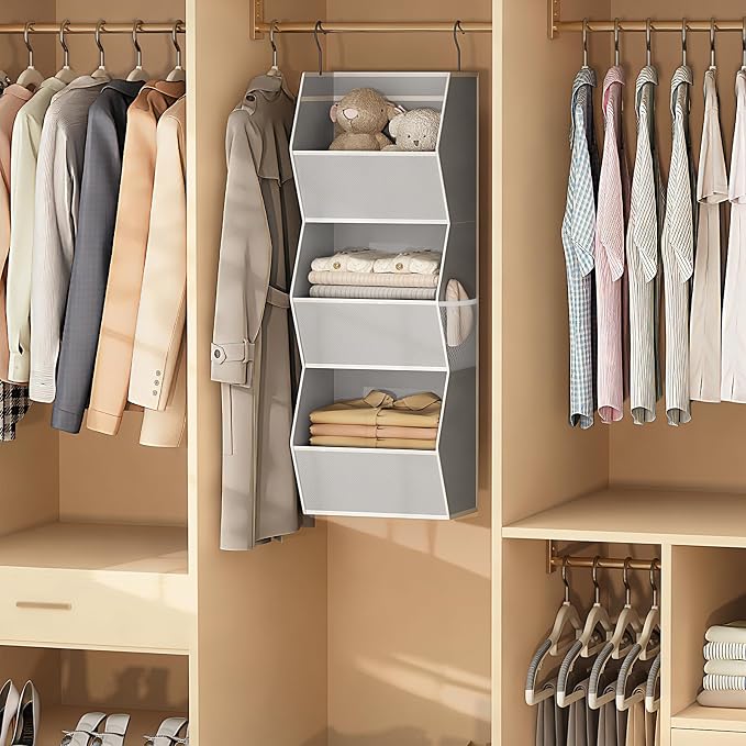 Closet Hanging Organizer with Pockets, 3 Shelf Hanging Clothes Organizers | Kids Closet Organizers and Storage for Clothes Fabric Hanging Storage Bins for Wardrobe Closet Organization and Storage, Grey - Image 2