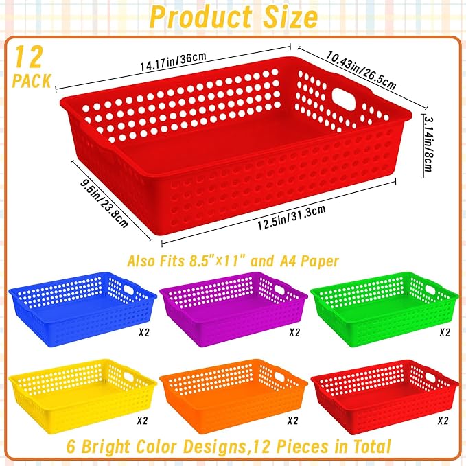 12 Pcs Plastic Classroom Storage Baskets Bulk 14 x 10 In Turn in Paper Tray for Classroom A4 Size Colorful Storage Organizer Bin with Handles Stackable Container for Playroom Home Office School Supply - Image 2