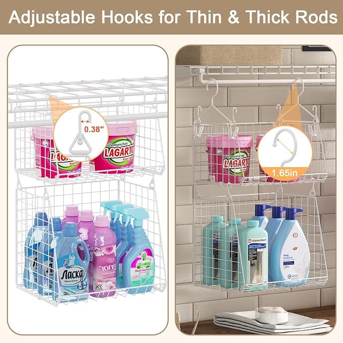 4-Tier Hanging Laundry Room Organizer: Foldable Wire Shelf Basket with 2 Large Hooks 1.65" & 360°Rotating Hooks – Space-Saving Laundry Storage Basket, for Wardrobe Closet Storage, White Patent - Image 2