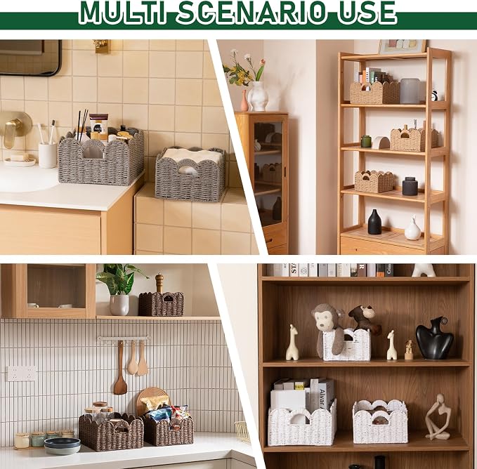 OIAHOMY Scalloped Wicker Baskets, Hand-woven Storage Baskets with Built-in Handles, Paper Rope Shelf Baskets for Organizing and Decoration, Set of 3-White - Image 2