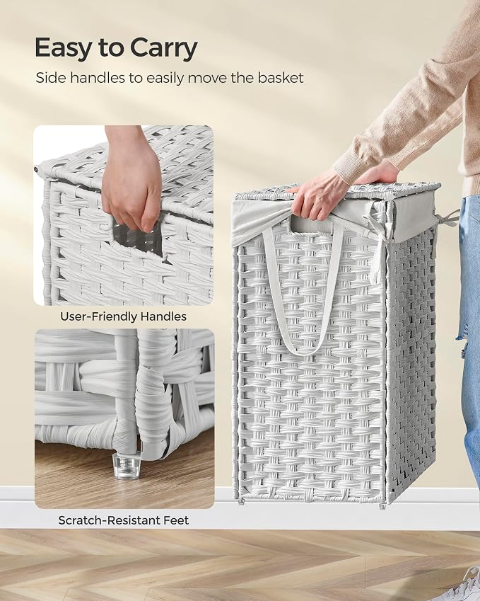 SONGMICS Laundry Hamper with Lid, 23.8 Gal (90 L) Synthetic Rattan,Foldable | Clothes Laundry Basket with Handles, Removable Liner, Cloud White, ELIOTT Collection ULCB165W01 - Image 4
