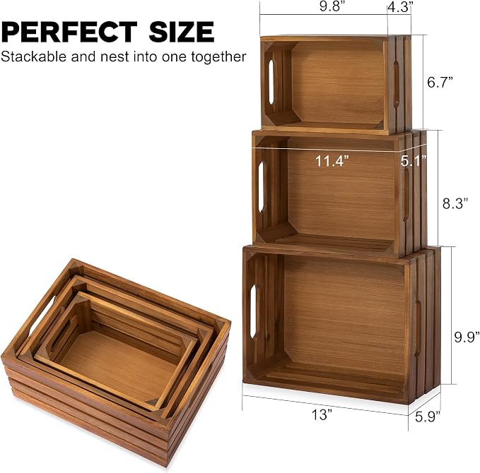 Nesting Wood Storage Crates (Set of 3) - Natural Acacia Wood Stackable Wooden Boxes for Storage & Organization - Decorative Wooden Basket Set for Fruits, Shelving & Home Decor - Image 3