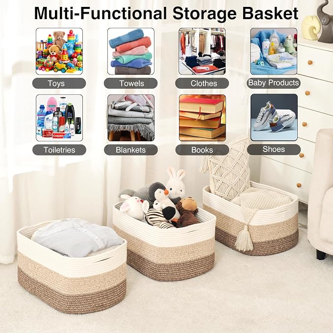ICERZCZ Large Storage Baskets for Organizing Shelves, Woven Cotton Rope Bins for Baby Nursery Organization, Book Toy Towel Organizer, 17"x13"x9.5", 3 Packs, Gradient Brown - Image 4