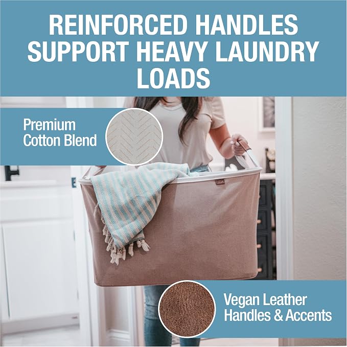 Collapsible Fabric Laundry Basket Premium, Cream Herringbone, 2 Pack | Elevate Open-Room Laundry Storage | Cotton-Blend Fabric and Vegan Leather Add Polish, While Each Basket Holds 55 lb - Image 4