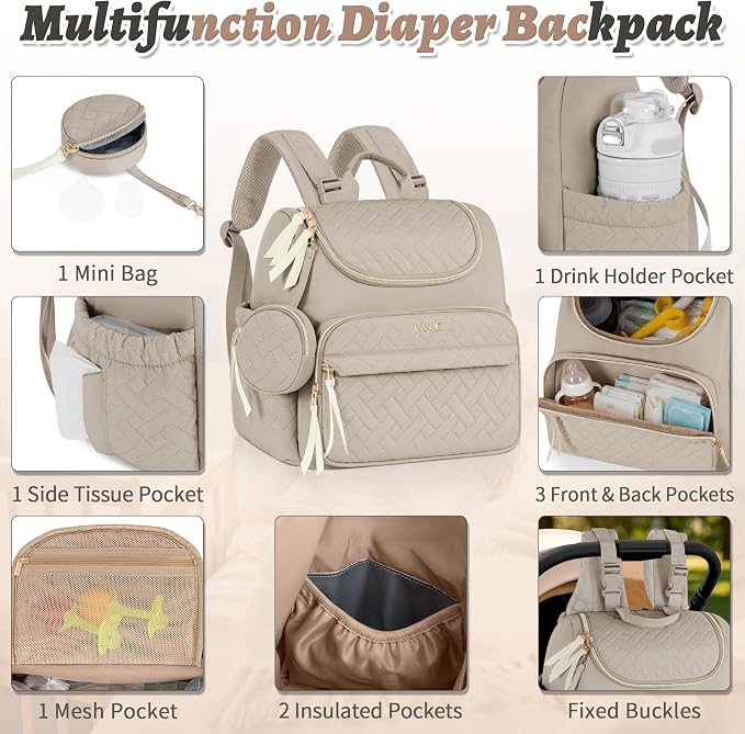 Small Diaper Bag, 22L Stylish Baby Mini Maternity Travel Backpack | with Changing Pad, Pacifier Bag, Stroller Straps Parents Essentials for Outdoor Trip Hospital & Daily Work, Brown - Image 2