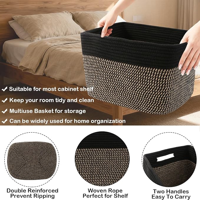 3 Pack Woven Baskets,Storage Baskets for Shelves with Handles | 13.5"×11"×9.5", Closet Baskets, Nursery Organizer for Toys Towels Books, Storage Bin for Living Room Bedroom (Black & Jute) - Image 3