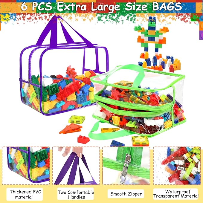 6 Colors Widen X-Large Toy Storage Bags 12.6×9.25×6.9In with Labels, Reusable Clear PVC Board Game Storage, Travel Waterproof Organizer Bags with Zipper for Building Blocks, Puzzle, Stuffed Animals - Image 3