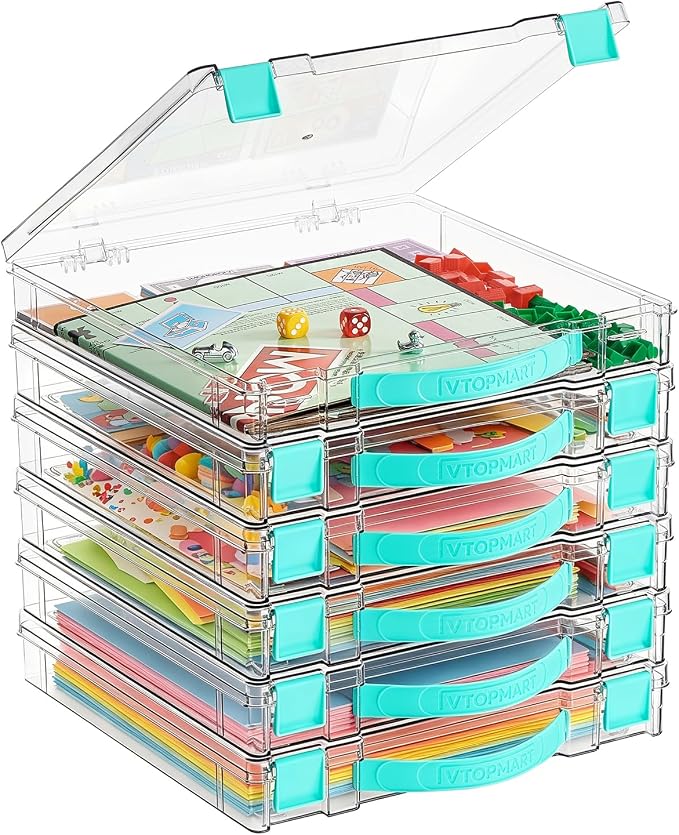 Vtopmart 6 Pack Board Game Storage with Handle and Snap-Tight Latch Lid | Clear Craft Organizer Fit 12" x 12" Papers, Stackable Storage Box for Scrapbook Storage, Art Supply Storage, Puzzle Storage by Vtopmart