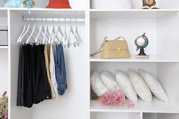 Quality Wooden Skirt Hangers with Clips, 20-Pack Semi Curved, Smooth Solid Wood Pants Hangers with Durable Adjustable Metal Clips, Swivel Hook, Coat, Jacket, Blouse Suit Hangers (White, 20) - Image 3