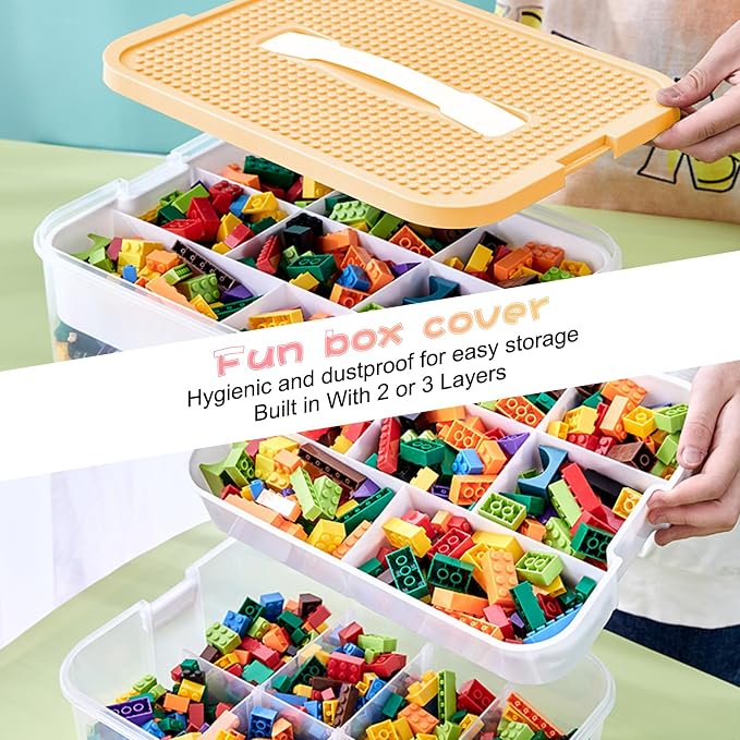 Toys Organizer Storage Case for Lego Box Kids Toy Stackable Building Blocks with Lids Bins Adjustable Lego Storage Containers Plastic Toy Box 3 Layer (Lemon) - Image 6