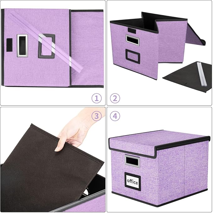 File Organizer Box with Lids, Collapsible File Folder Organizer | File Box with Plastic Slides for Document, Filing Bin for Letter Size Hanging File Folders (2 Pack, Dark Lavender) - Image 7