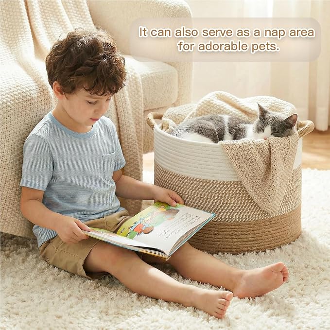 Artfeel 40L Large Cotton Rope Basket, Decorative Woven Blanket Storage for Living Room, Boho Toy Storage & Toy Box for Kids, Versatile Laundry Basket & Nursery Hamper for Blankets(Brown) - Image 3