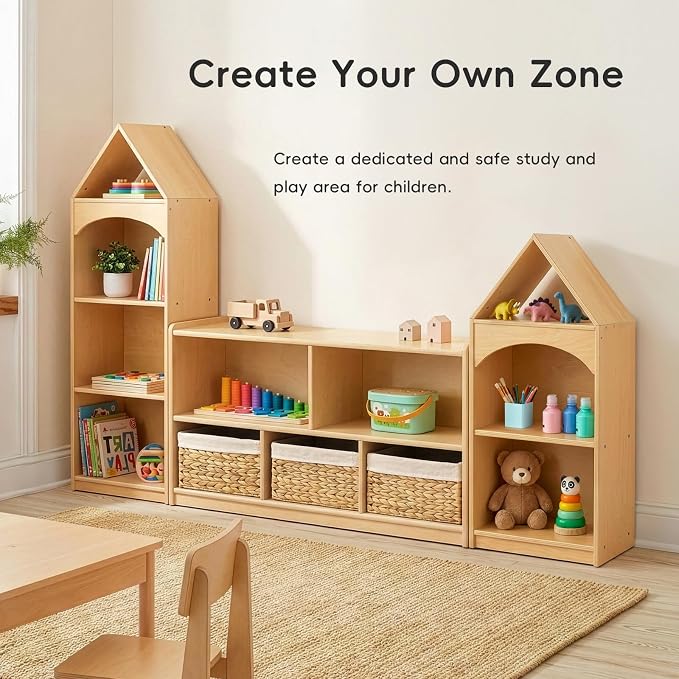 OOOK 5-Compartment Wooden Storage Cabinet, Montessori Toy Shelf Organizers | FSC Safety, Classroom Organizer and Montessori Bookshelf for Playroom, Daycare and Preschool, 44.6"W×11.7"D×23.6"H - Image 4