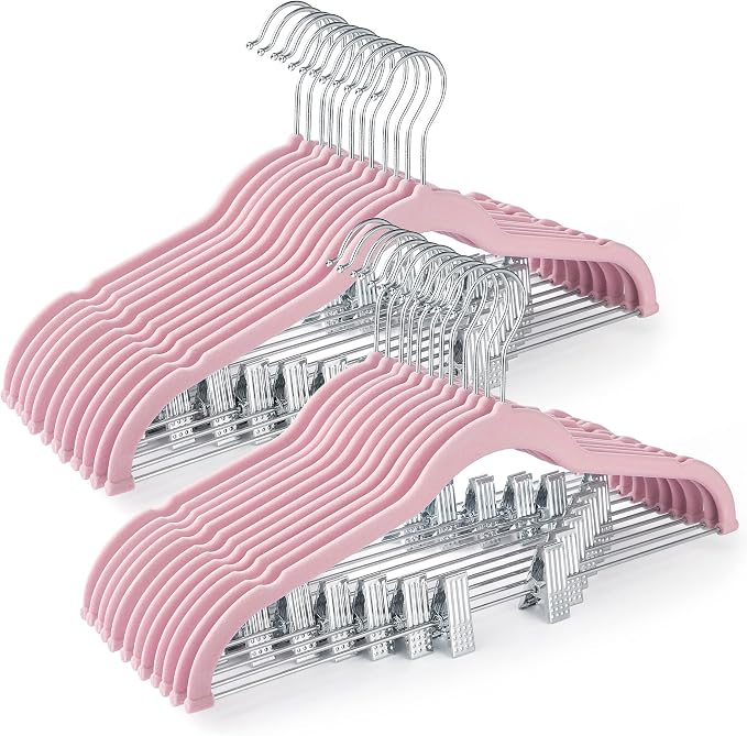 HOUSE DAY Velvet Skirt Hangers 24 Pack, Velvet Hangers with Clips- Pink | Space Saving Slim Velvet Pant Hangers, Heavy Duty Shorts Hangers, Non Slip Adjustable Clip Hangers for Pants, Skirts, Shorts by HOUSEDAY