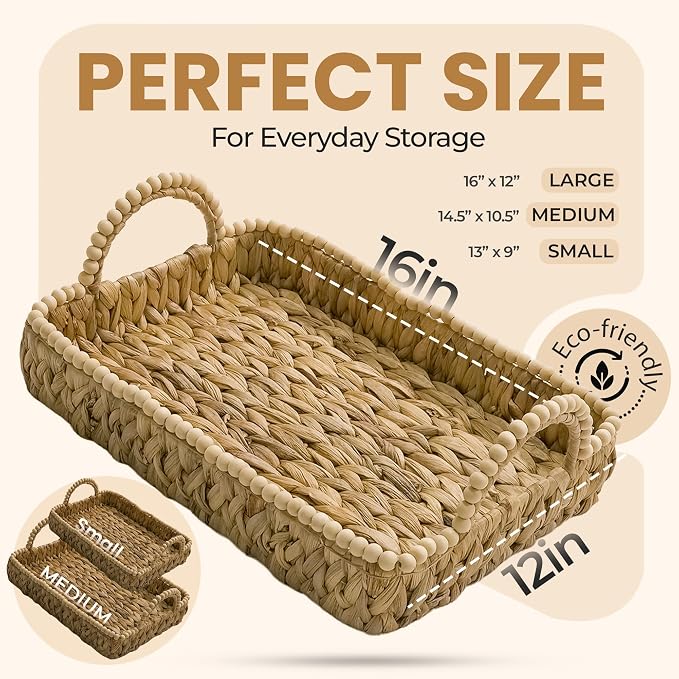 Handwoven Water Hyacinth Wicker Basket Set of 3 - Storage Baskets with Handles & Scalloped Edge for Living Room, Nursery Organization, Laundry & Pantry Wicker Baskets Use - Image 2