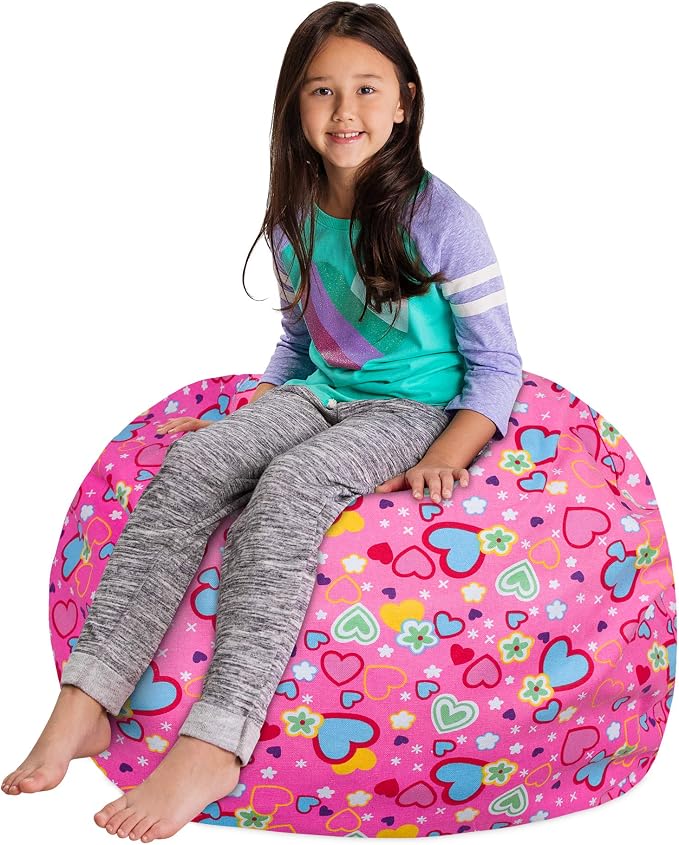 Posh Stuffable Kids Stuffed Animal Storage Bean Bag Chair Cover - Childrens Toy Organizer, Large-38 - Canvas Multi-Colored Hearts on Pink - Image 3