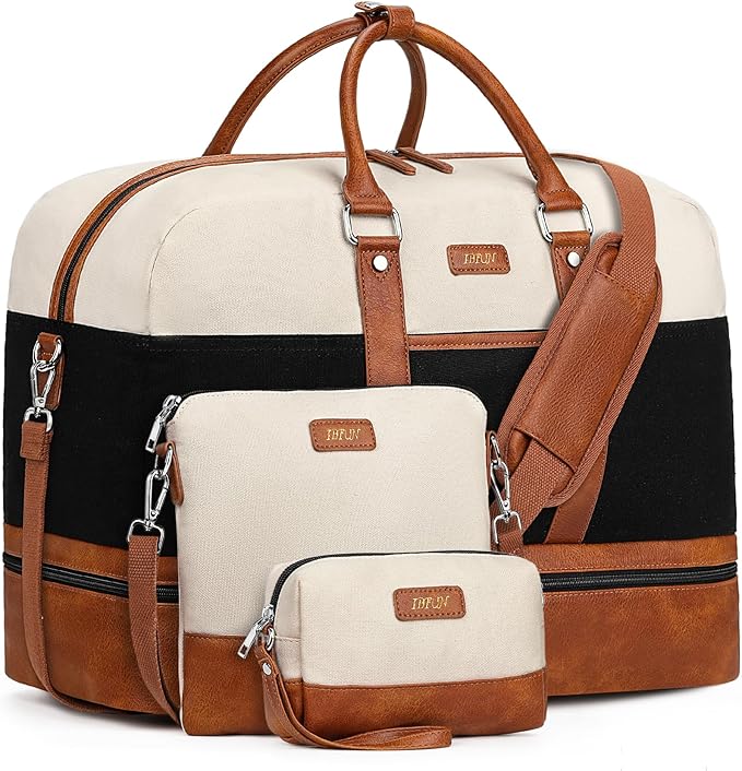 Weekender Bag for Women, Large Overnight Bag Canvas Travel Duffel Bag Carry On Tote with Shoe Compartment 21" 3Pcs Set by IBFUN