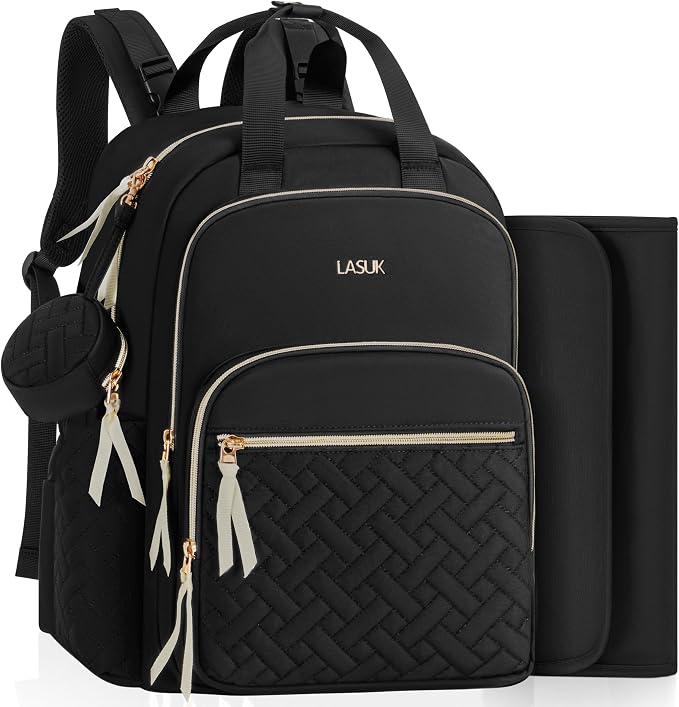 Diaper Bag Backpack, 27L Travel Quilted Baby Bags Unisex | with Changing Pad, Pacifier Bag, Stroller Straps Parents Essentials for Outdoor Trip Hospital & Daily Work, Black by LASUK