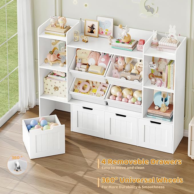 Toy Storage Organizer, Toy Organizer with 4 Movable Drawers and 4 Box Bins, Kids Playroom Storage Organization with Hidden Wheels for Living Room, Kids Room - Image 5