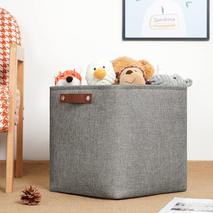 DULLEMELO 12 inch Cube Storage Bins, Large Collapsible Grey Storage Baskets for Square Cubes Organizing, Fabric Boxes Bins for Shelves Nursery Home Office Storage(4 Pack - 12" Grey) - Image 3