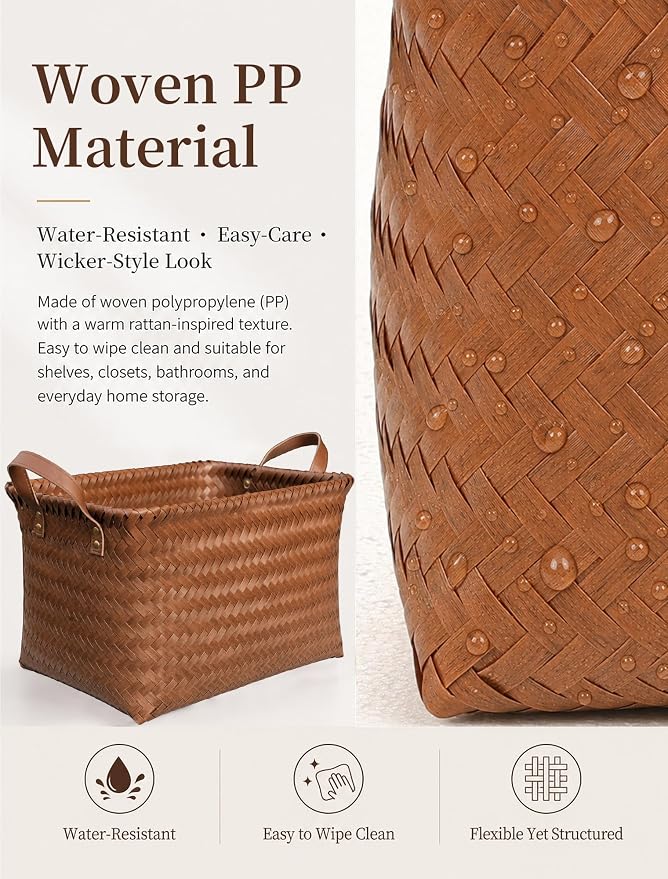 Wicker Storage Baskets, 4 Pack Woven Baskets for Shelves, Brown | PP Rattan, Water-resistant Wicker Basket, Large Baskets with Faux Leather Handles for Blanket, Laundry Organizer, Room Decor - Image 3