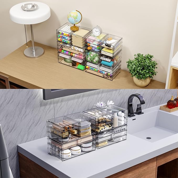 2 Pack Acrylic Storage Drawers With 12 Small Drawer,Stackable Office Cabinet Organizer and Makeup Organizer,Clear Plastic Drawers for Craft Supply,Pen,Stationary,Accessory,Makeup,Desk Organizer - Image 4